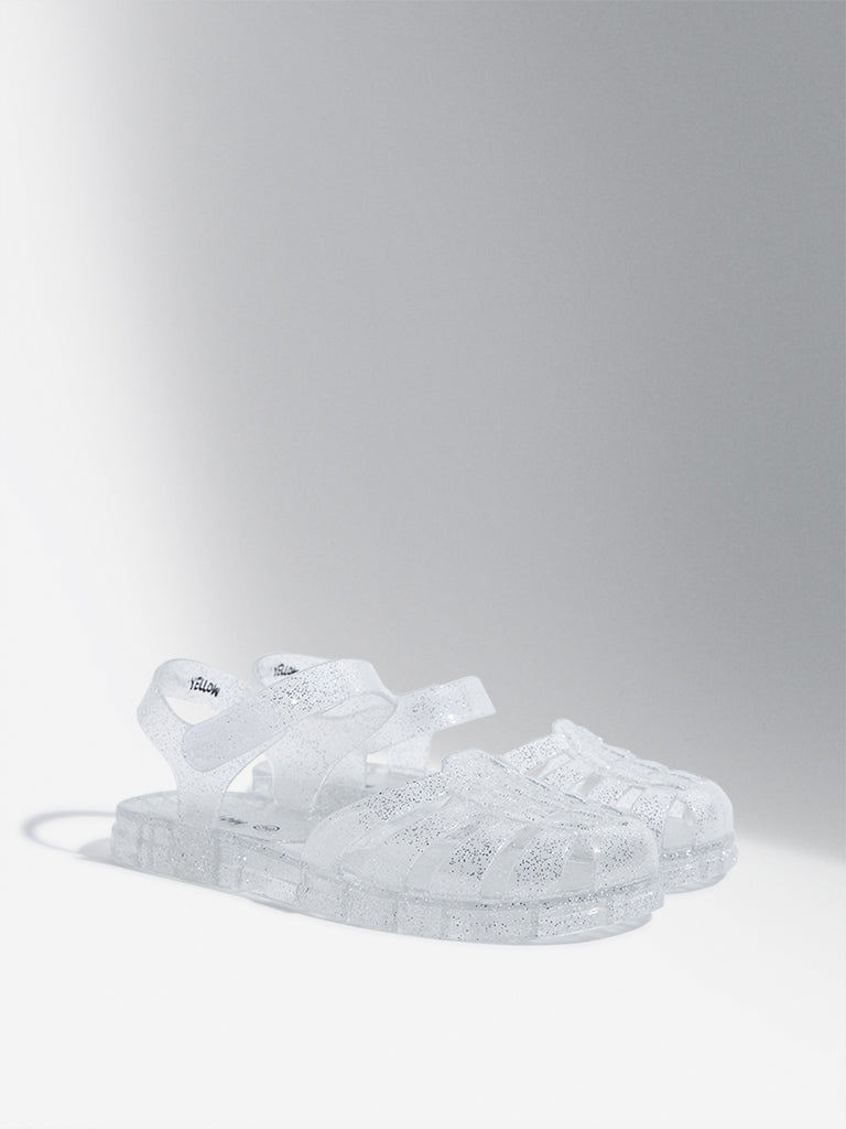 Westside Yellow Kids Silver Shimmer Vinyl Multi-Strap Slingback Sandals for Casual Wear Front View