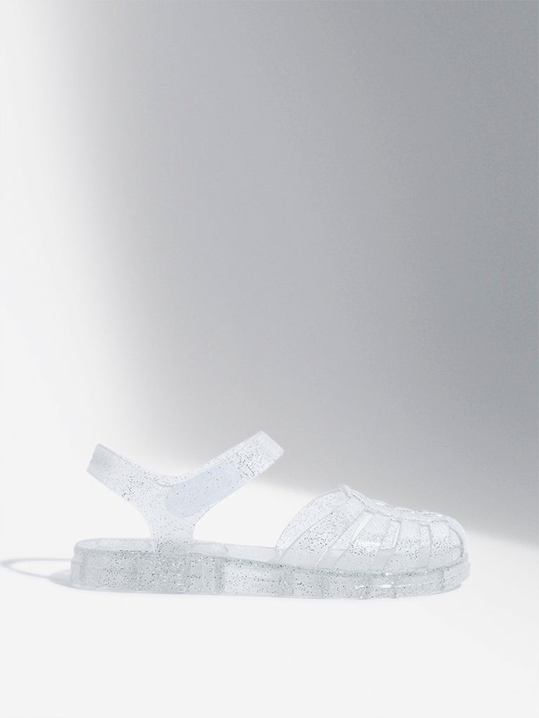 Westside Yellow Kids Silver Shimmer Vinyl Multi-Strap Slingback Sandals for Casual Wear Side View