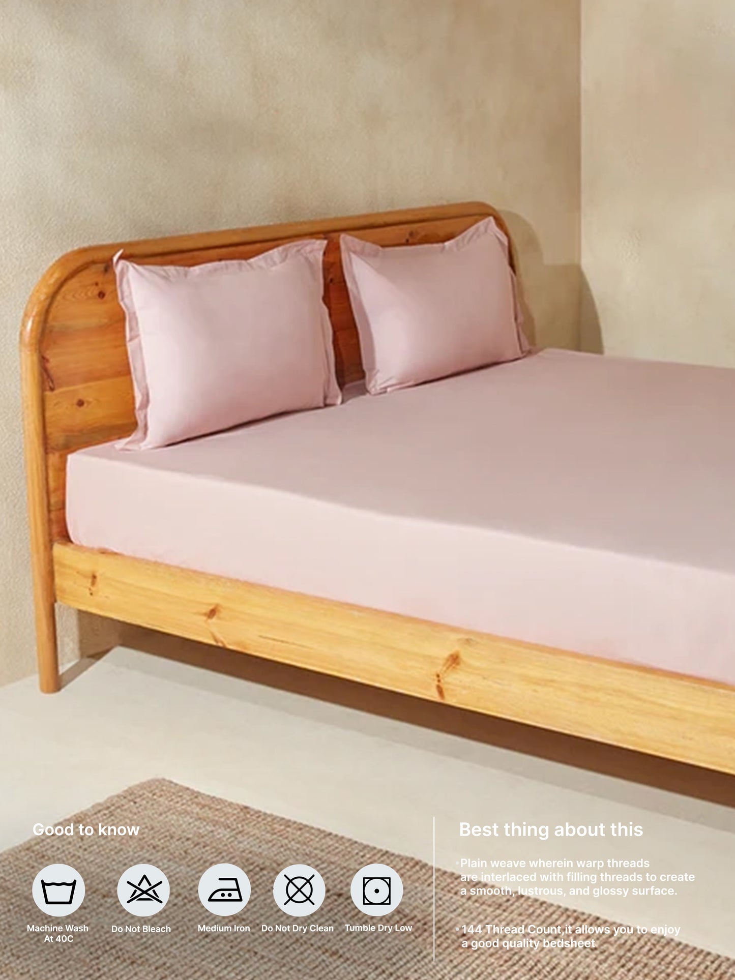 Westside Home Pink Solid Queen Bed Fitted Sheet and Pillowcase Set