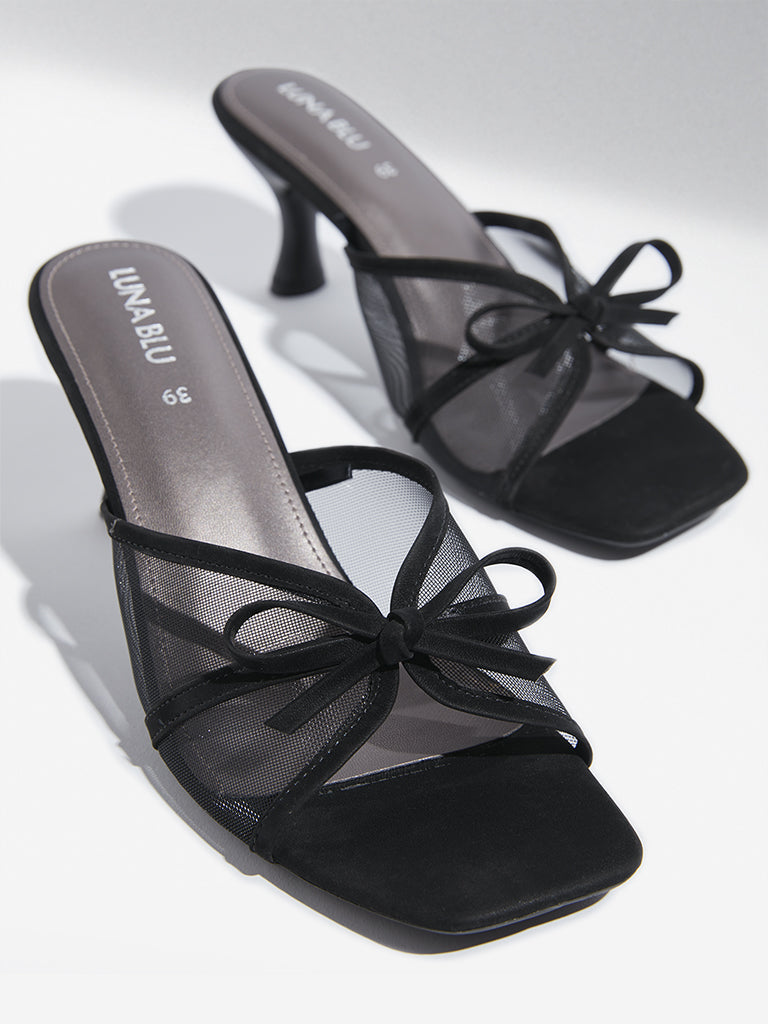 Westside LUNA BLU Women's Black Mesh Bow Detail Heel Sandals for Party Wear Zoomed View