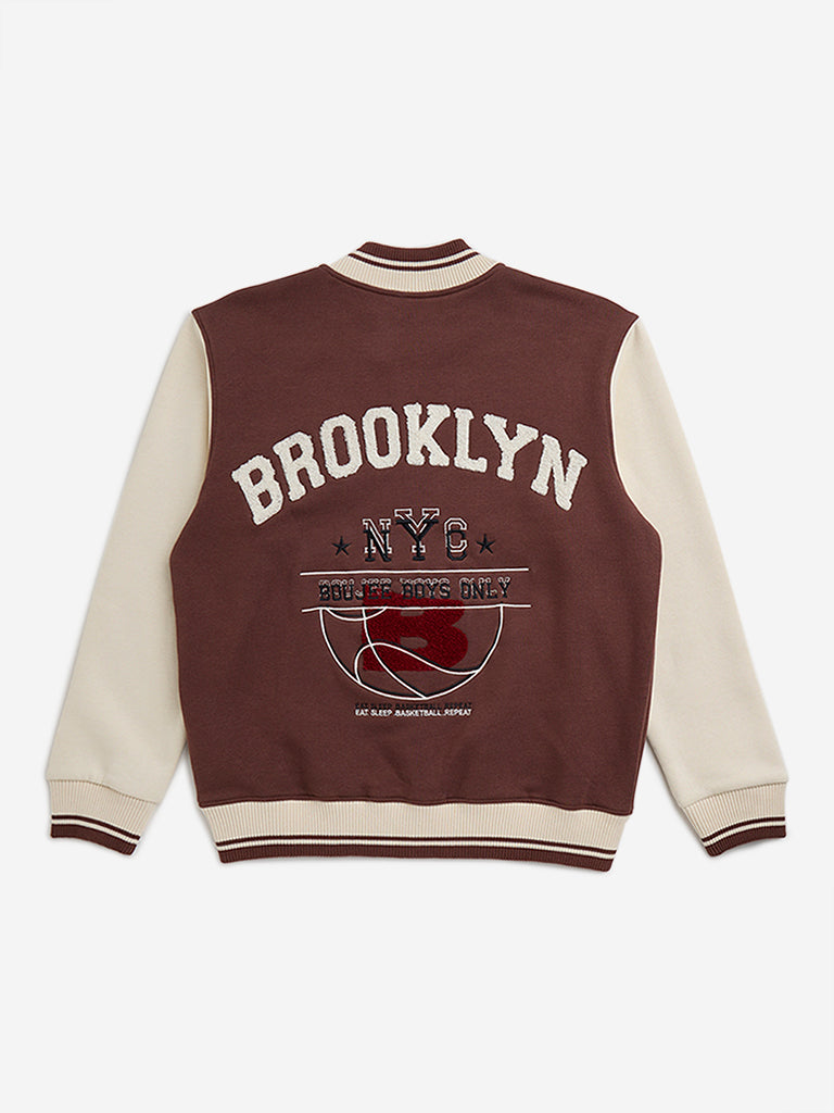 Y&F Kids Brown Text Design Cotton-Blend Varsity Jacket