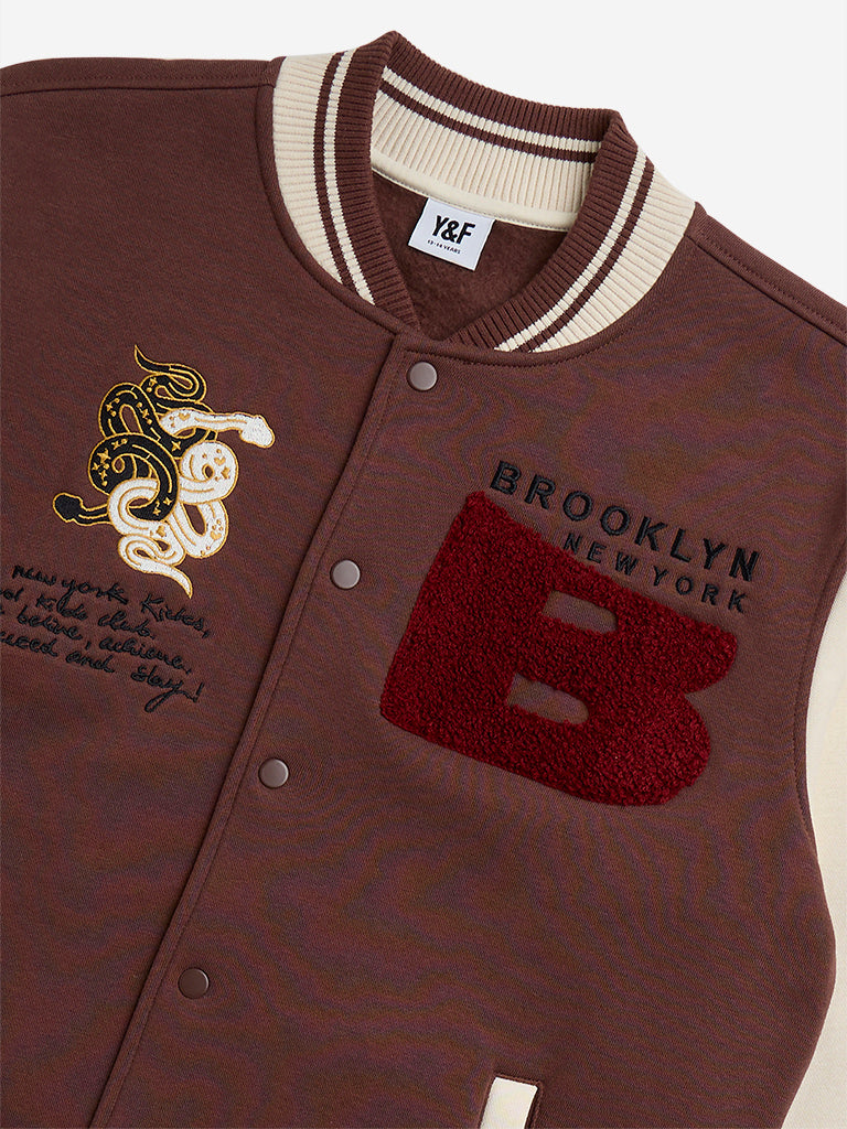 Westside Y&F Boy's Brown Text Design Cotton-Blend Varsity Jacket for Casual Wear Zoomed View