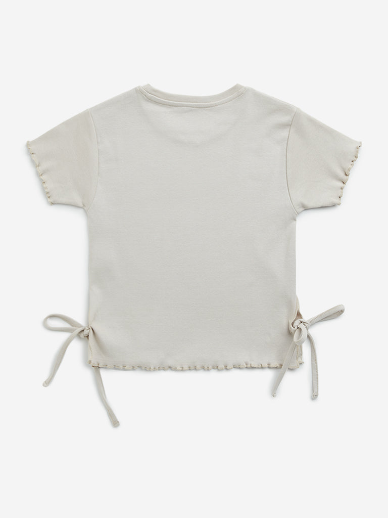Westside Y&F Girl's Light Beige Typographic Print Cotton T-Shirt for Casual Wear Back View
