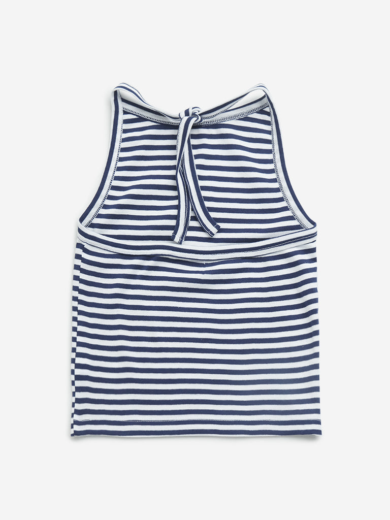 Westside Y&F Girl's Navy Striped Halter-Neck Cotton Top for Casual Wear Back View