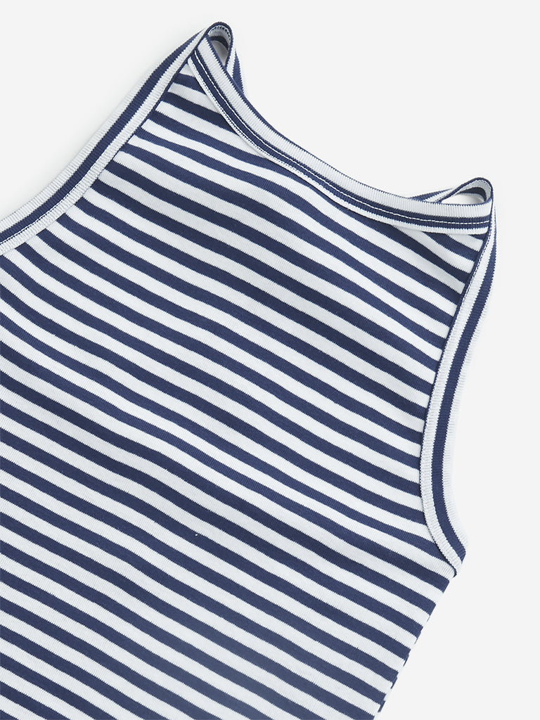 Westside Y&F Girl's Navy Striped Halter-Neck Cotton Top for Casual Wear Zoomed View