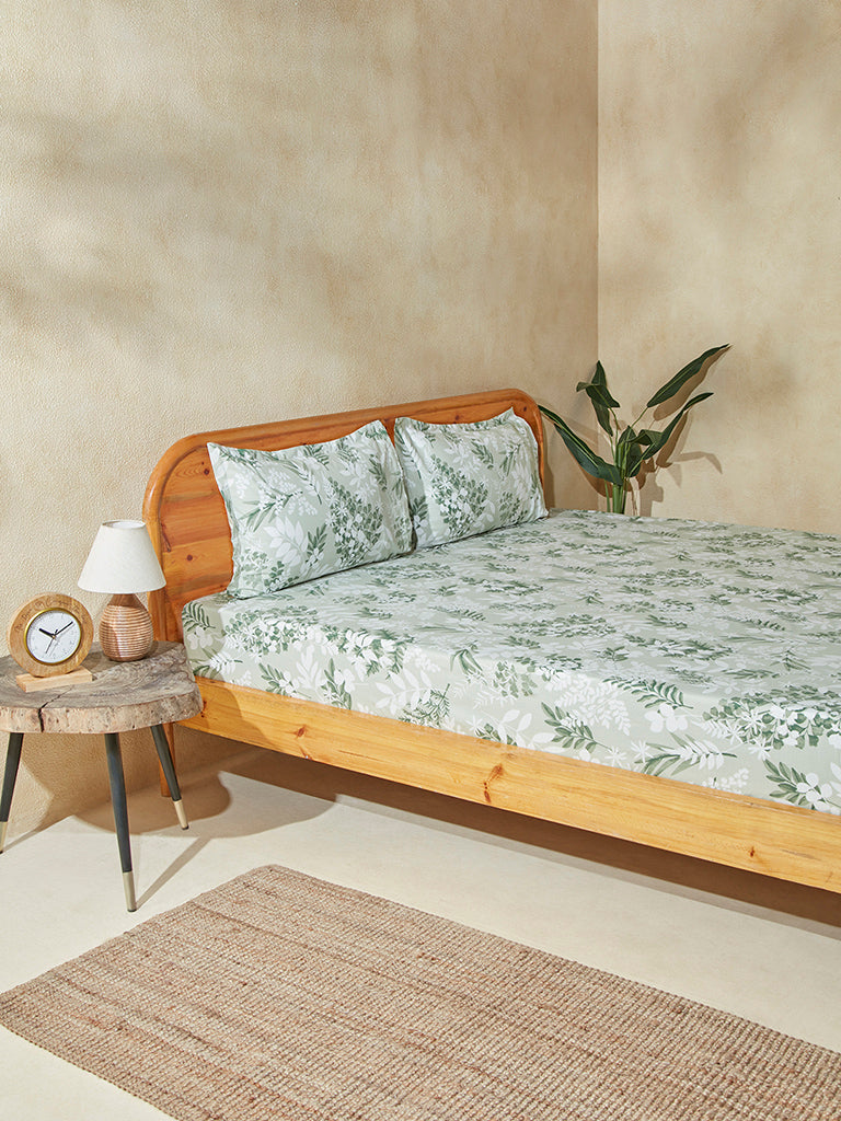 Buy Westside Home Mint Botanical Double Bed Fitted Sheet and Pillowcase Set from Westside
