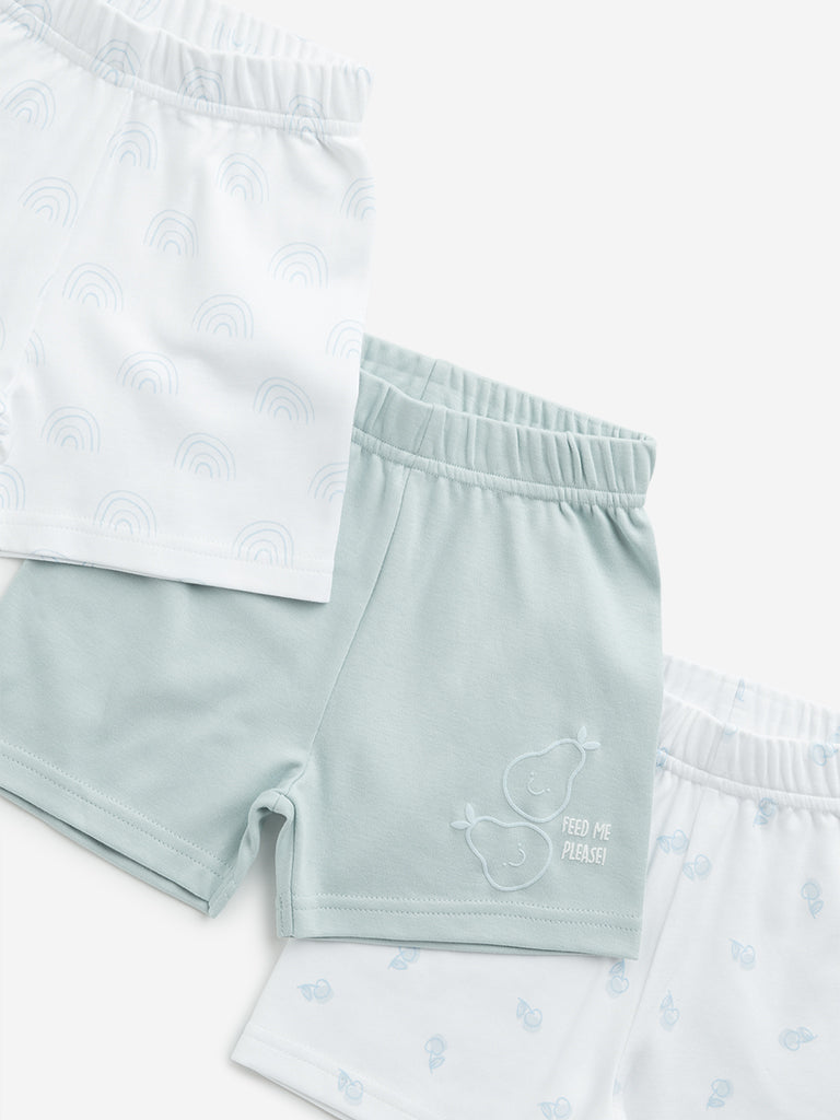 HOP Baby Mint Printed Mid-Rise Cotton Shorts - Pack of 3