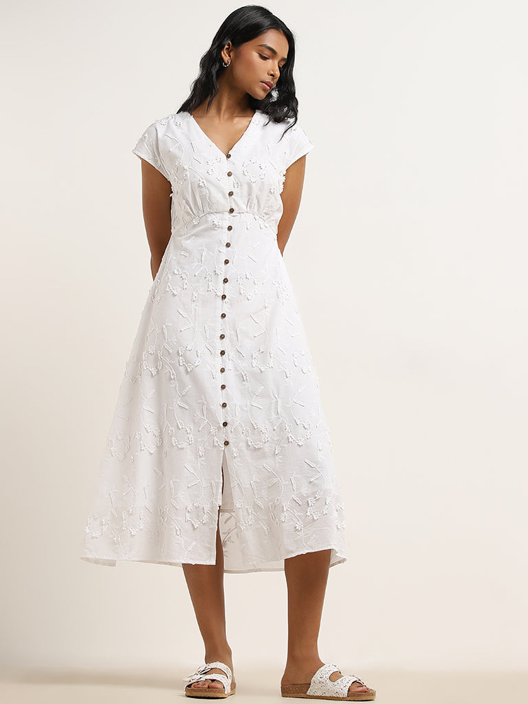 Buy LOV White Floral Embroidered A-Line Cotton Dress from Westside