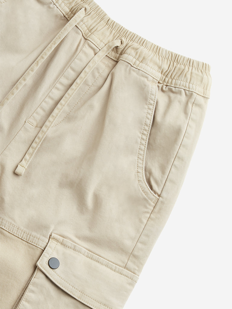 Westside Y&F Boy's Beige Cargo-Style Mid-Rise Cotton-Blend Pants for Casual Wear Zoomed View