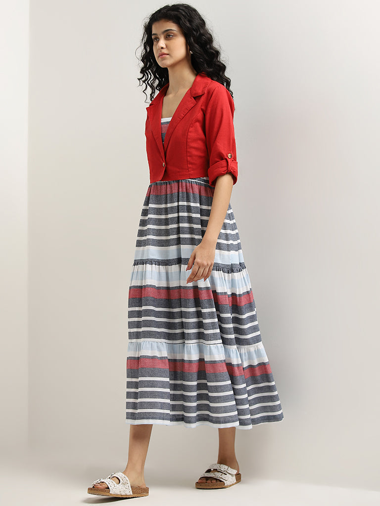 Buy Bombay Paisley Red Tiered Cotton Blend Dress with Jacket