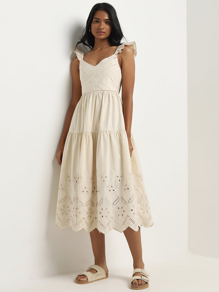 Buy LOV Beige Schiffli Design Tiered Cotton Dress from Westside