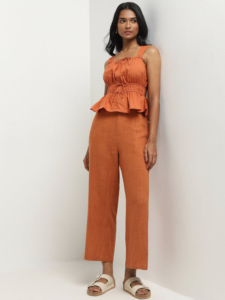Buy LOV Rust High Rise Blended Linen Trousers from Westside