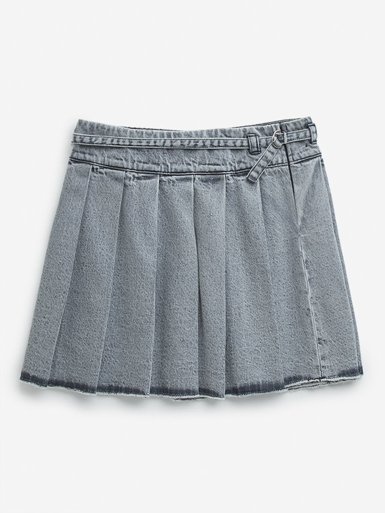Y F Kids Grey Box Pleated Mid Rise Denim Skirt