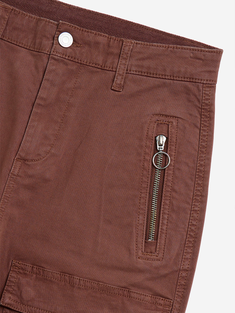 Westside Y&F Boy's Brown Cargo-Style Mid-Rise Cotton-Blend Trousers for Casual Wear Zoomed View