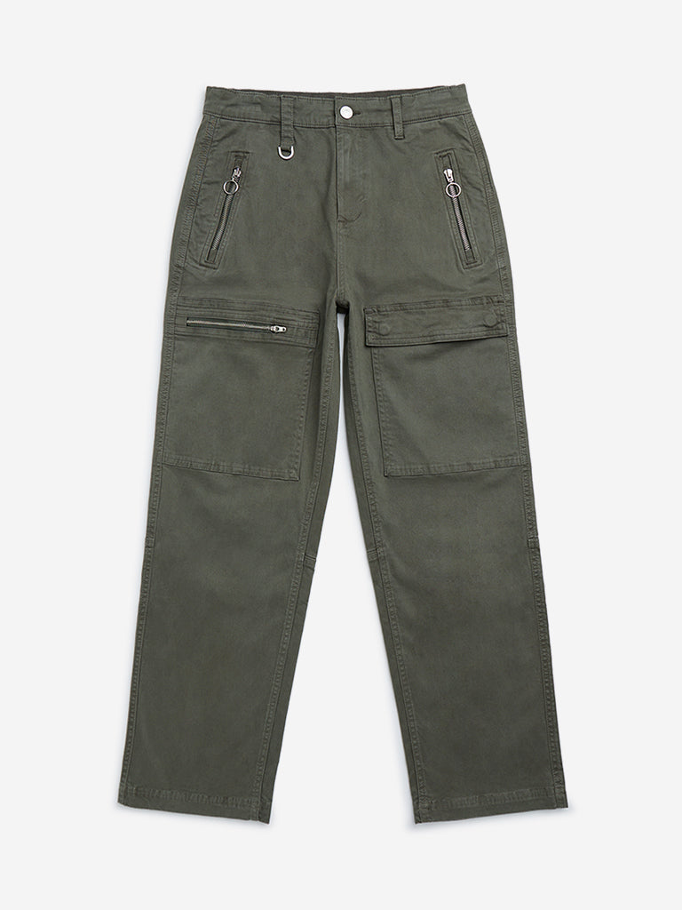 Y&F Kids Olive Cargo-Style Mid-Rise Cotton-Blend Trousers
