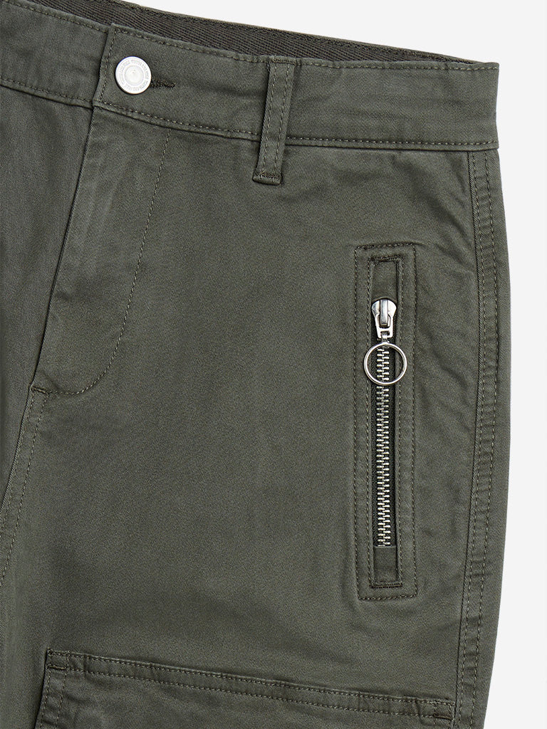 Y&F Kids Olive Cargo-Style Mid-Rise Cotton-Blend Trousers