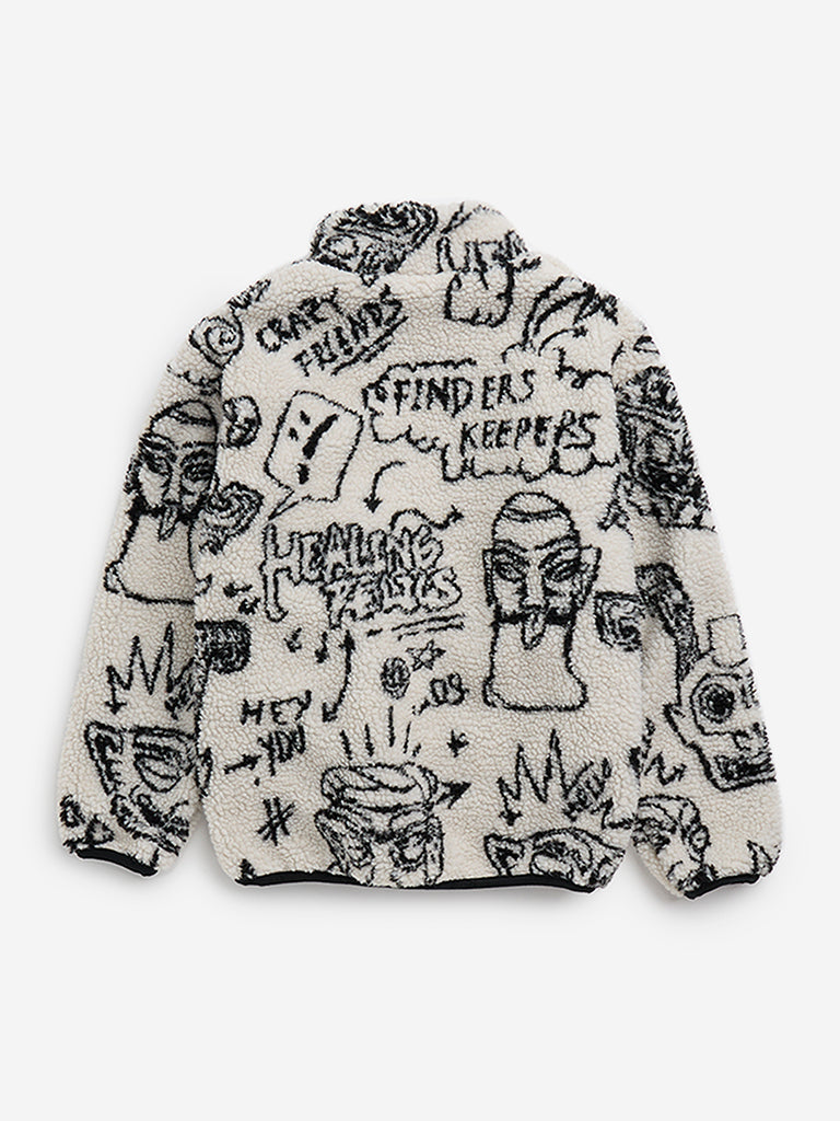 Y&F Kids Off-White Text Design Fleece Jacket
