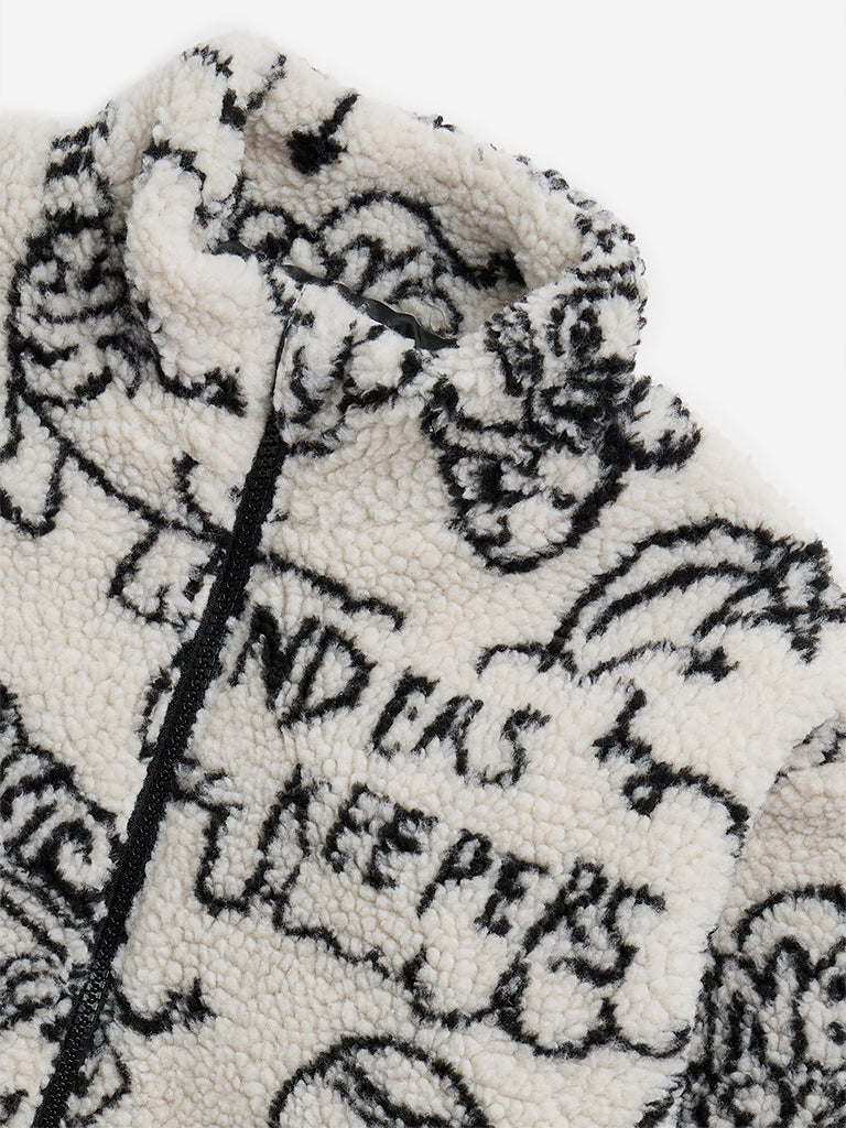 Y&F Kids Off-White Text Design Fleece Jacket