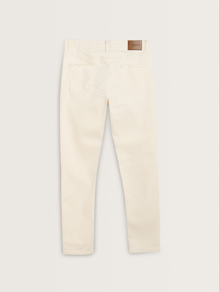 Westside WES Casuals Men's Off-White Slim-Fit Mid-Rise Jeans for Casual Wear Flatly Back view