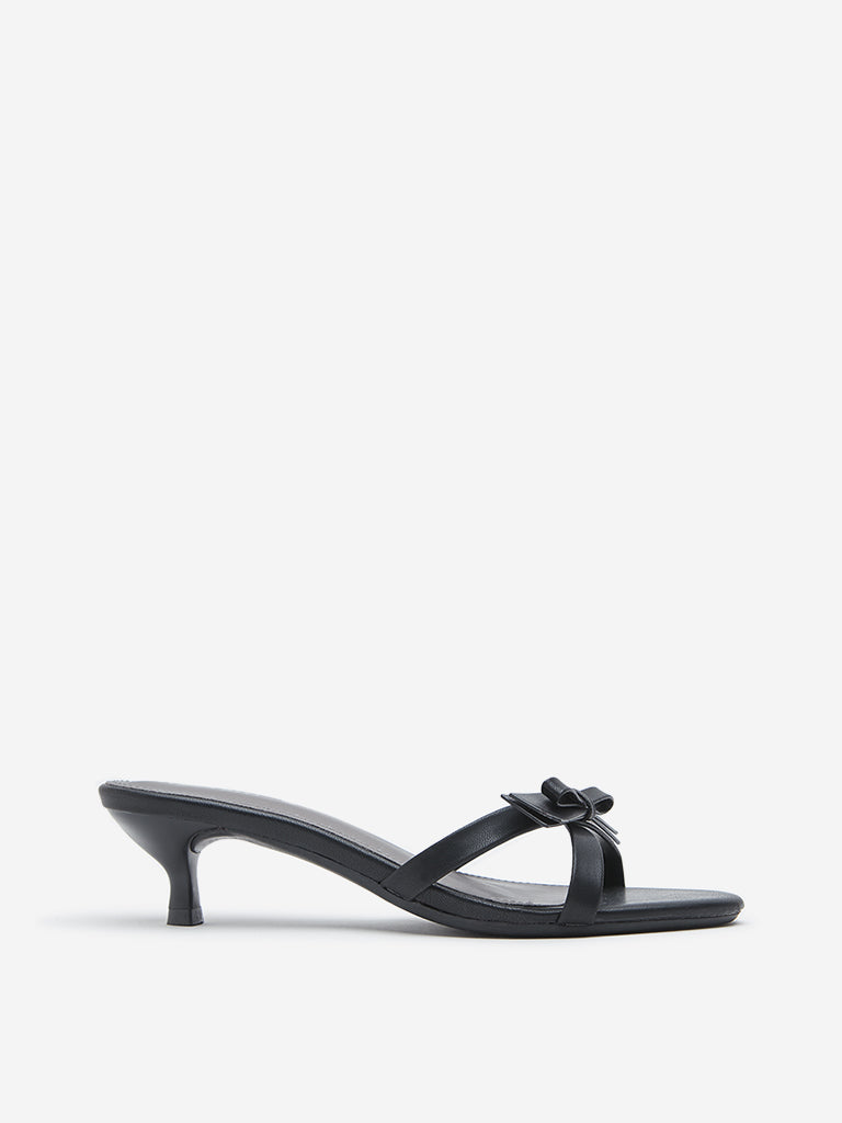 Westside LUNA BLU Women's Black Bow-Detailed Kitten Heel Sandals for Casual Wear Side View
