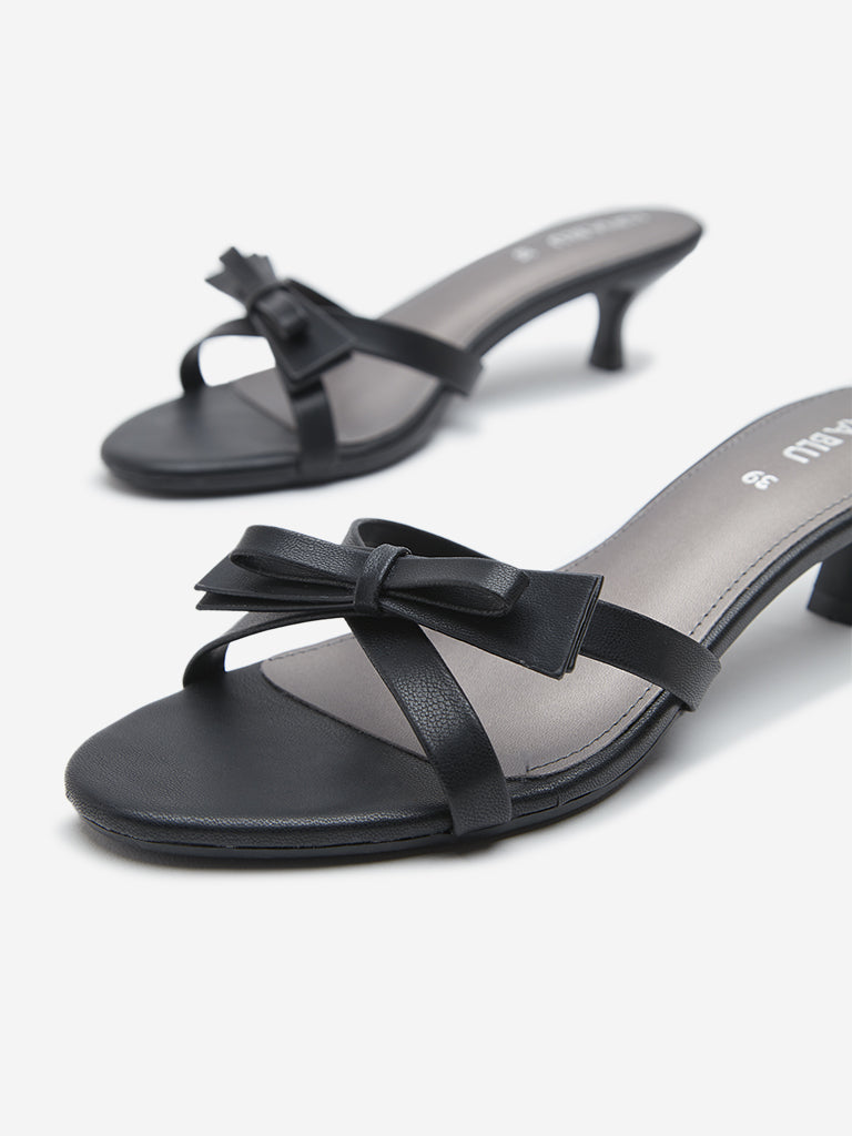 Westside LUNA BLU Women's Black Bow-Detailed Kitten Heel Sandals for Casual Wear Zoomed View