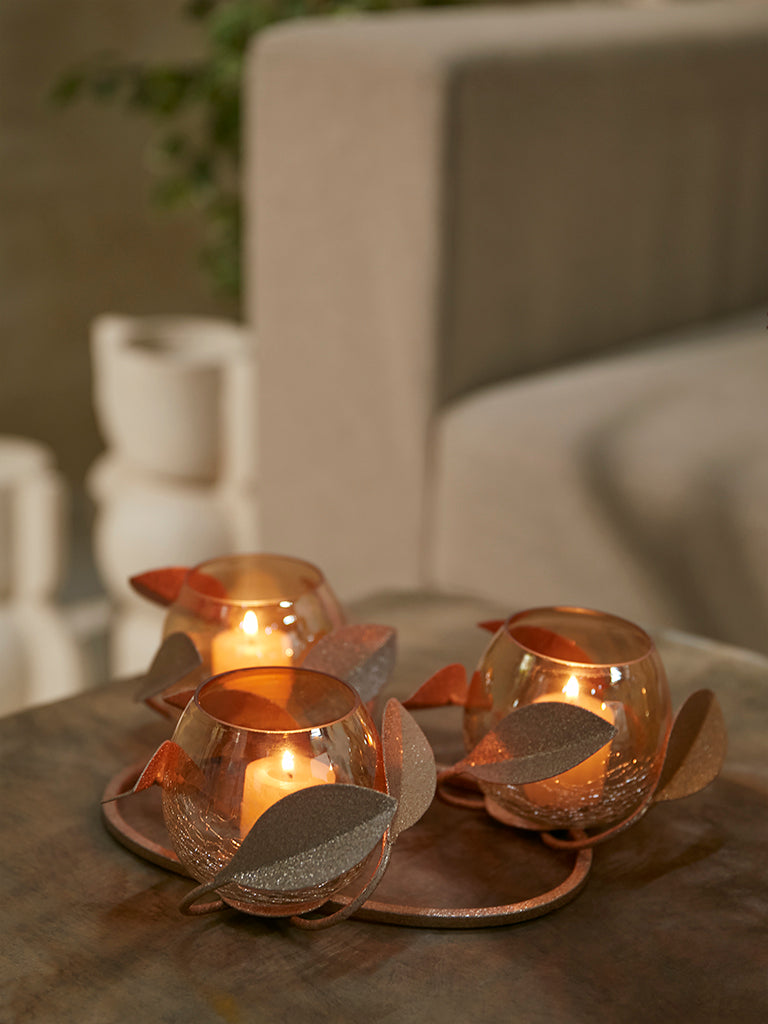 Westside Home Light Gold Leaf Design Oval Tealight Candle Stand