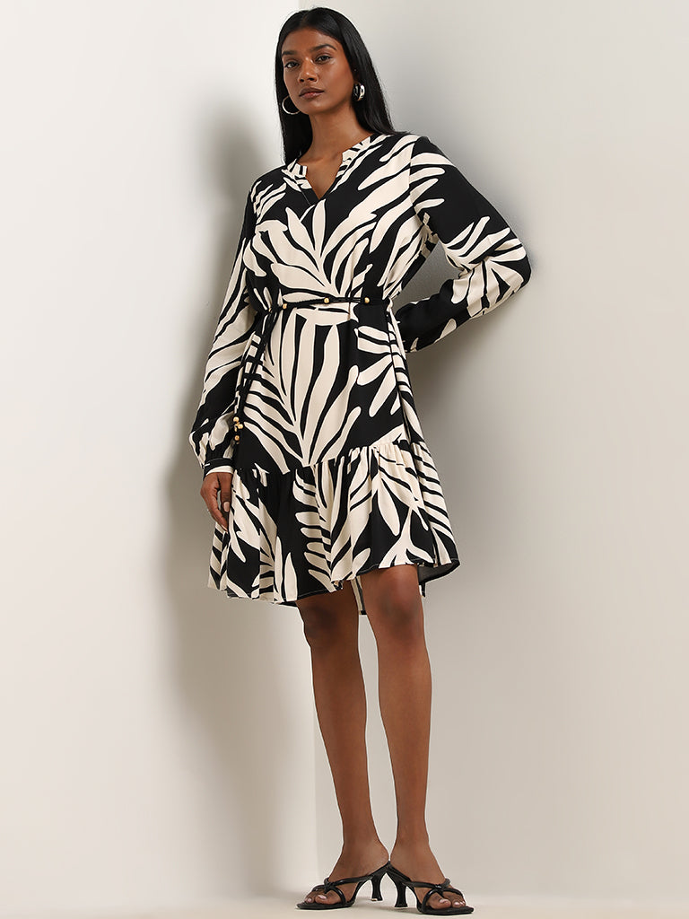 Buy LOV Off White Leaf Design Drop Waist Dress with Belt from Westside