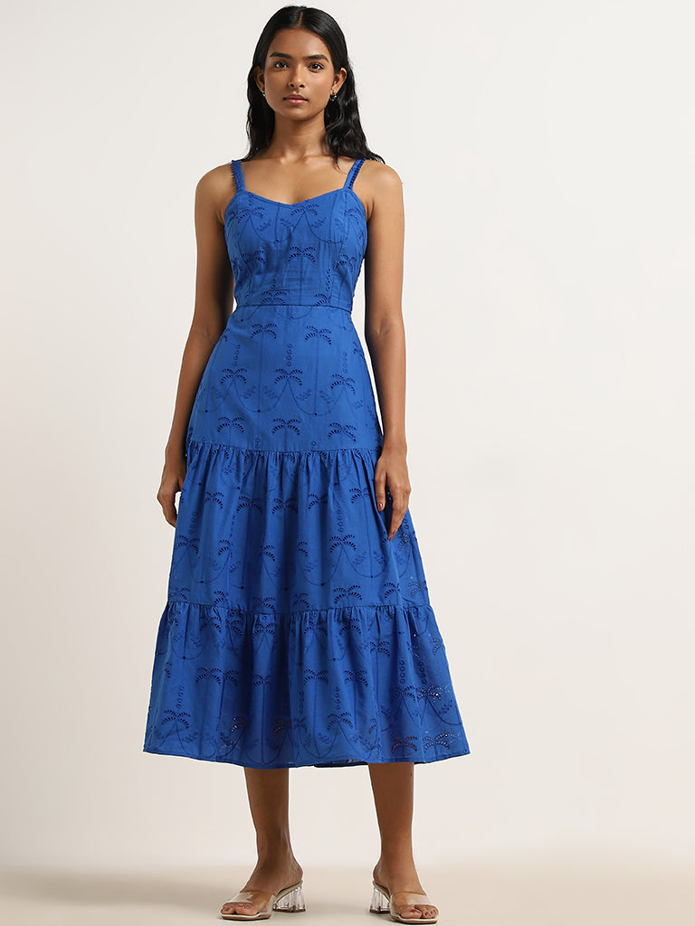 Buy LOV Dark Blue Schiffli Design Tiered Cotton Dress from Westside