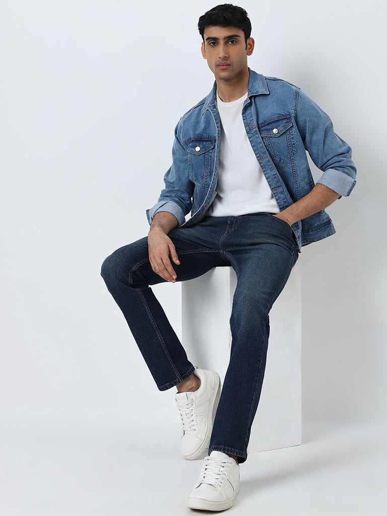 WES Casuals Dark Blue Washed Slim - Fit Mid - Rise Jeans