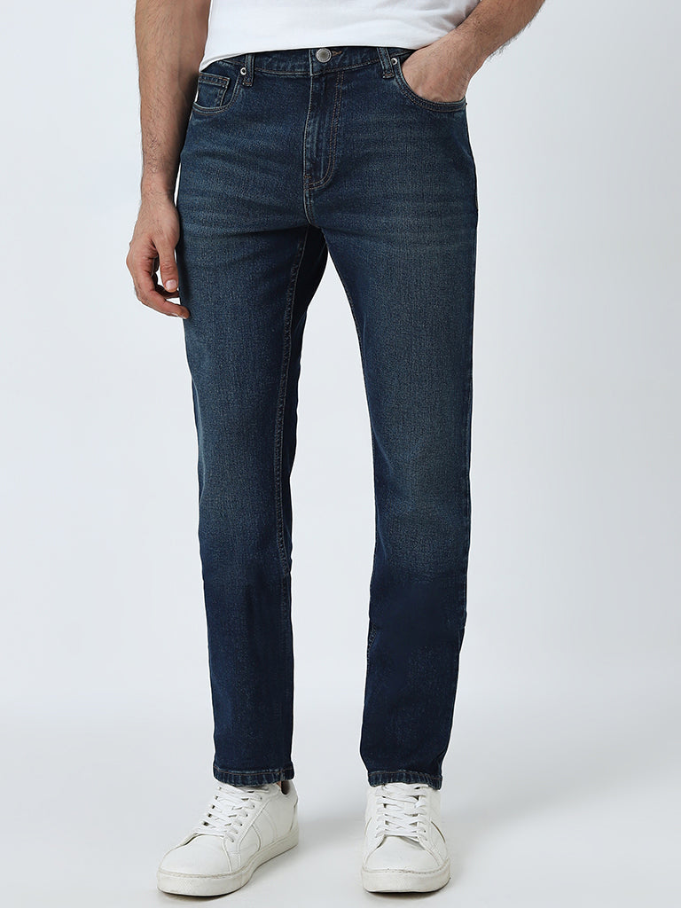 WES Casuals Dark Blue Washed Slim - Fit Mid - Rise Jeans