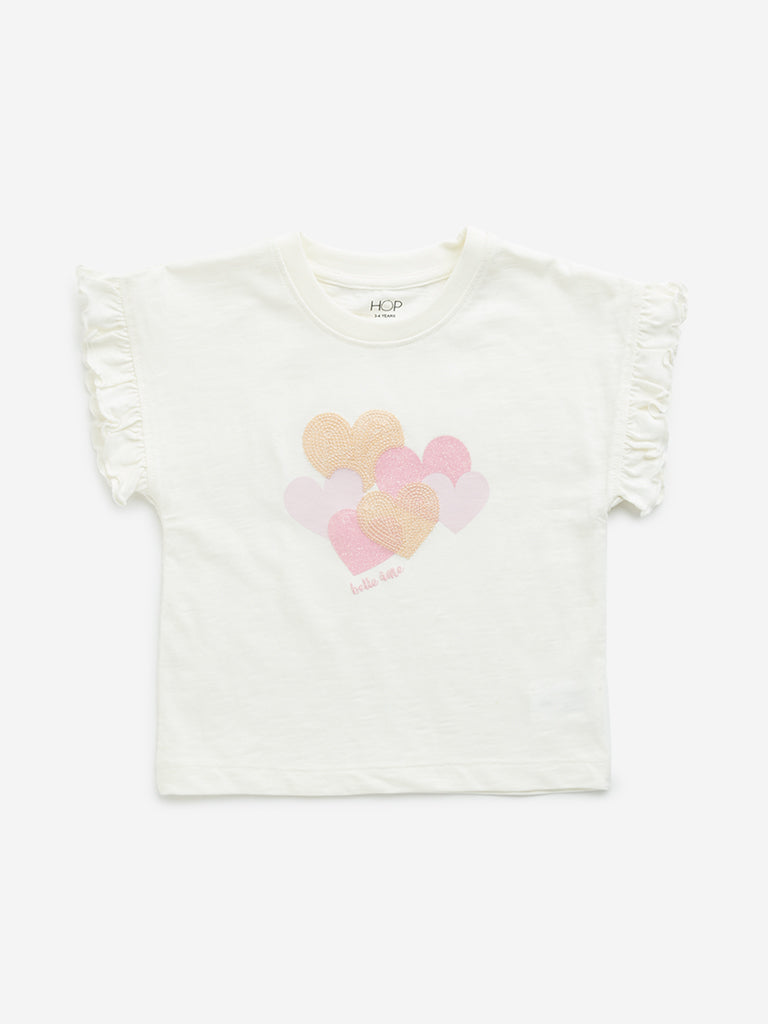 HOP Kids Off-White Heart Embellished Cotton T-Shirt