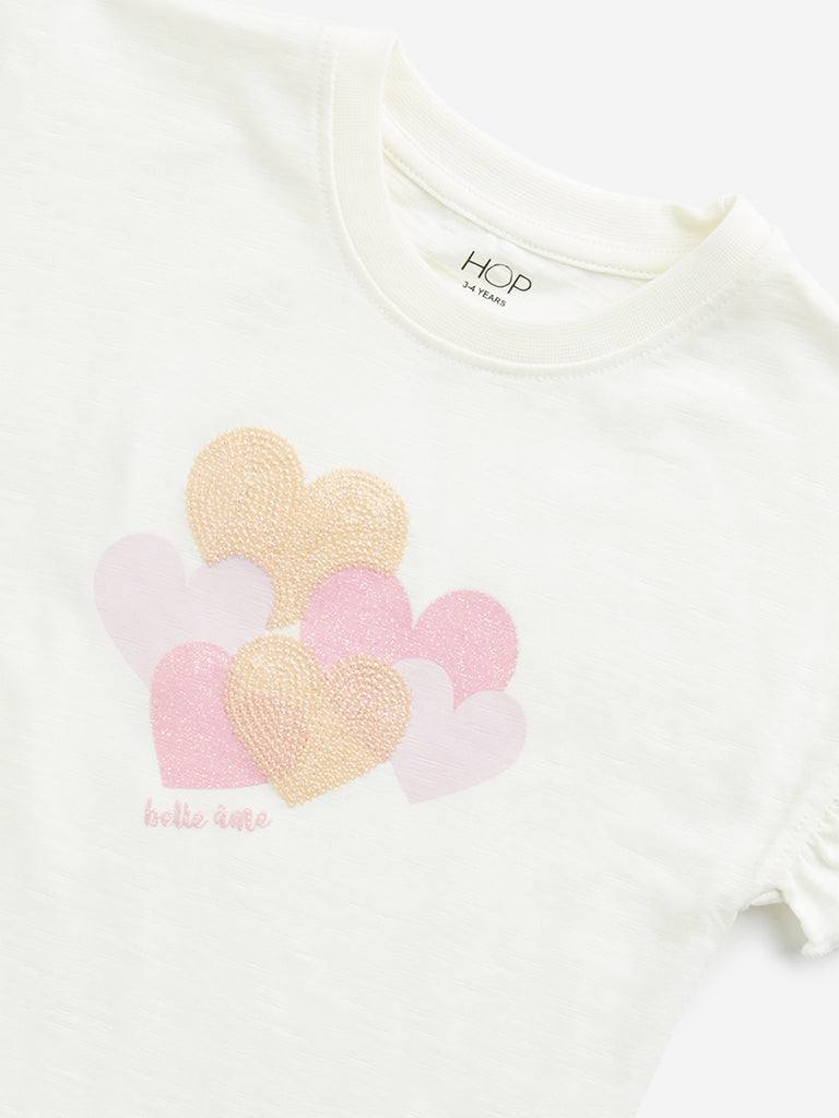 HOP Kids Off-White Heart Embellished Cotton T-Shirt