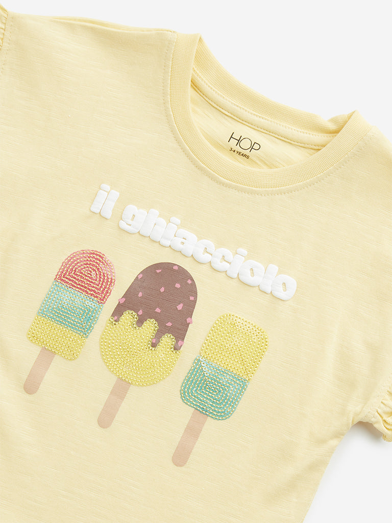 Westside HOP Kids Yellow Ice-Cream Embellished Cotton T-Shirt for Casual Wear Zoomed View