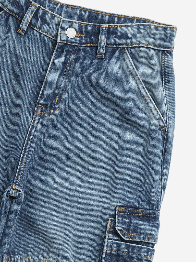 Westside Y&F Boy's Blue Cargo-Style Relaxed - Fit High - Rise Jeans for Casual Wear Zoomed View