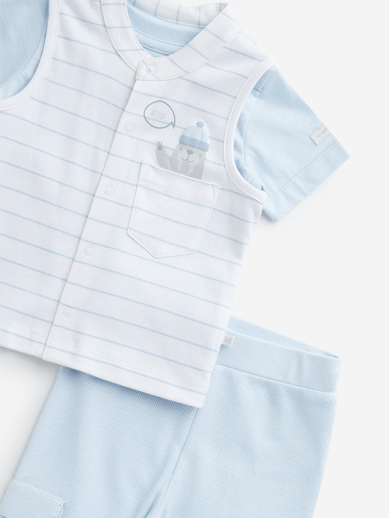 Westside HOP Baby Boy's Light Blue Cotton T-Shirt, Waistcoat and Pants Set for Casual Wear Zoomed View