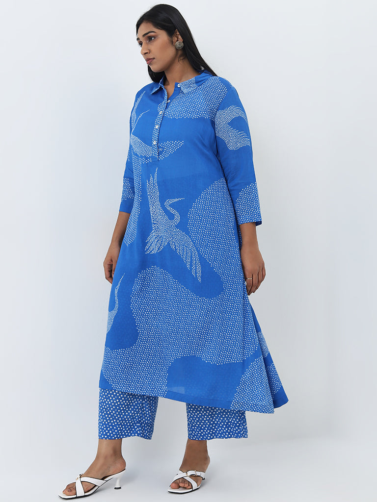 Buy Diza Blue Bandhani Pattern A Line Collared Cotton Kurta from Westside
