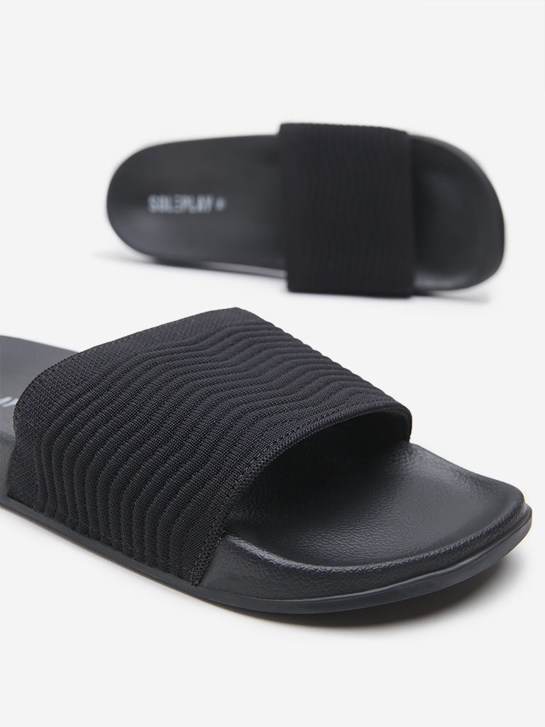 Westside SOLEPLAY Men's Black Chevron Textured Slides for Casual Wear Zoomed View