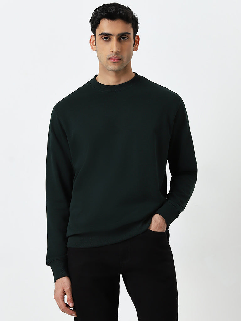 Westside WES Casuals Men's Dark Green Relaxed-Fit Cotton-Blend Sweatshirt for Casual Wear Front View