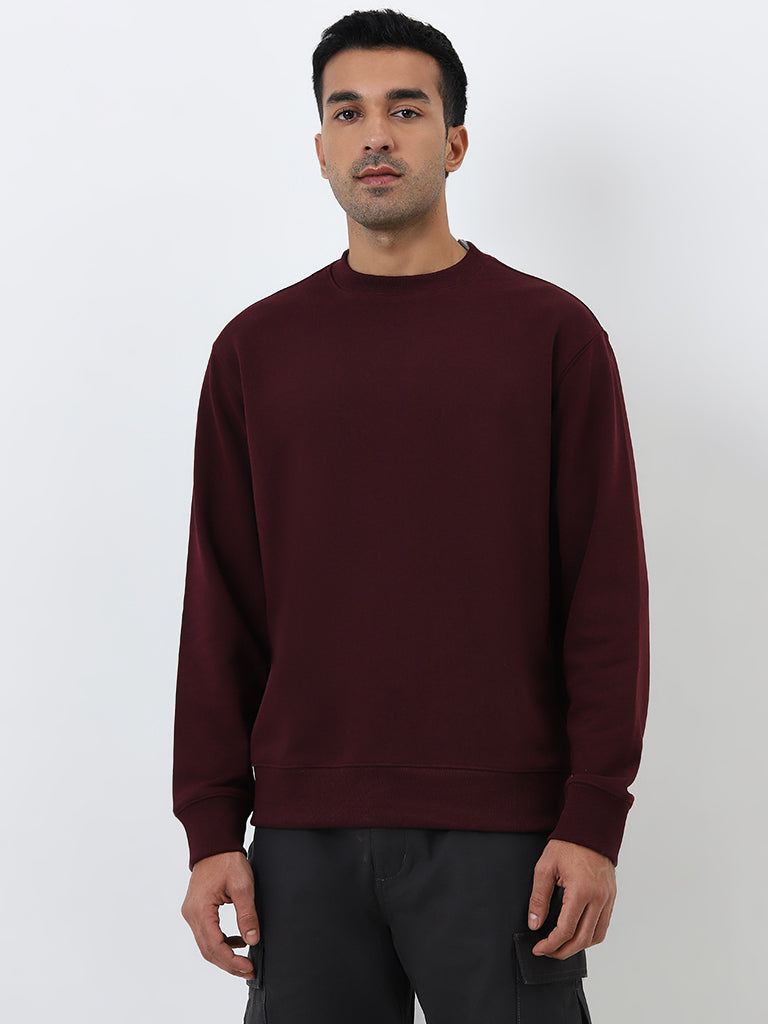 Westside WES Casuals Men's Burgundy Relaxed Fit Cotton-Blend Sweatshirt for Casual Wear Front View