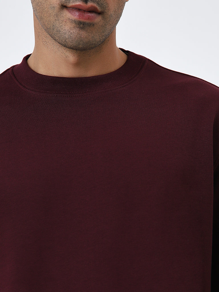Westside WES Casuals Men's Burgundy Relaxed Fit Cotton-Blend Sweatshirt for Casual Wear Zoomed View