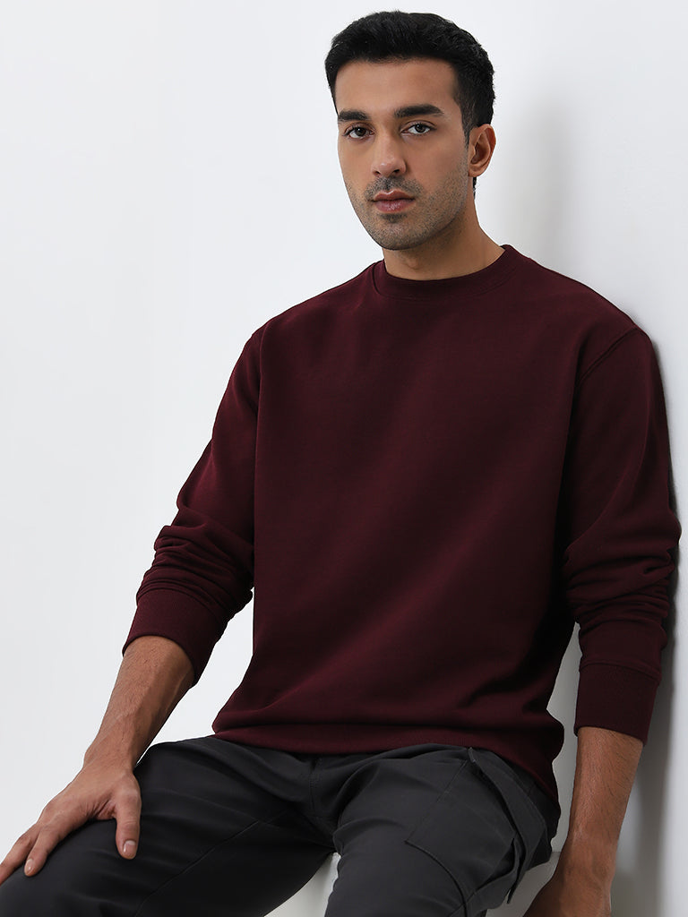Westside WES Casuals Men's Burgundy Relaxed Fit Cotton-Blend Sweatshirt for Casual Wear Full View
