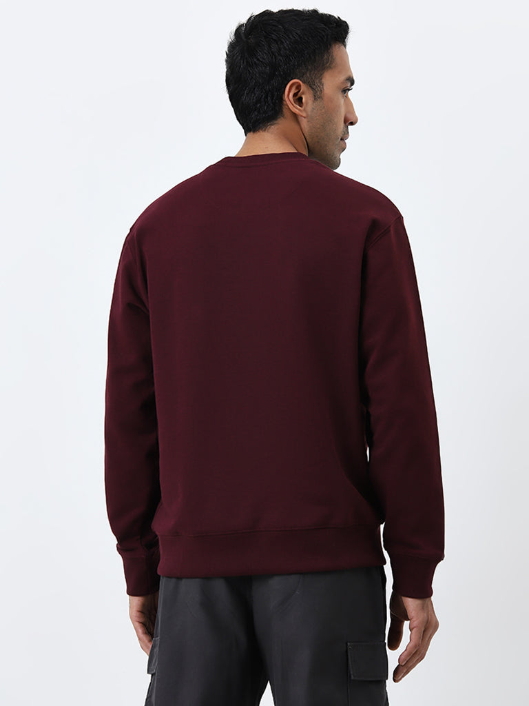 Westside WES Casuals Men's Burgundy Relaxed Fit Cotton-Blend Sweatshirt for Casual Wear Back View