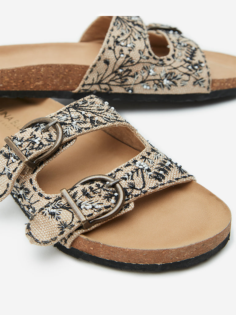 Westside LUNA BLU Women's Black & Ivory Embroidered Sandals for Festival Wear Zoomed View
