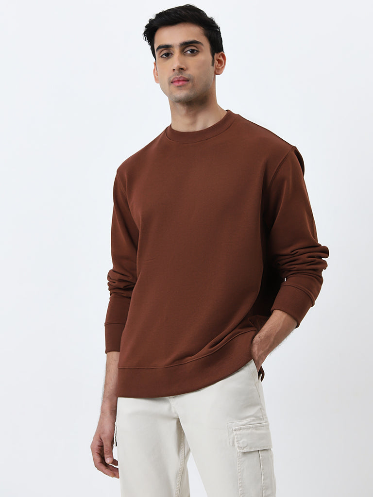 Westside WES Casuals Men's Brown Relaxed-Fit Cotton-Blend Sweatshirt for Casual Wear Front View