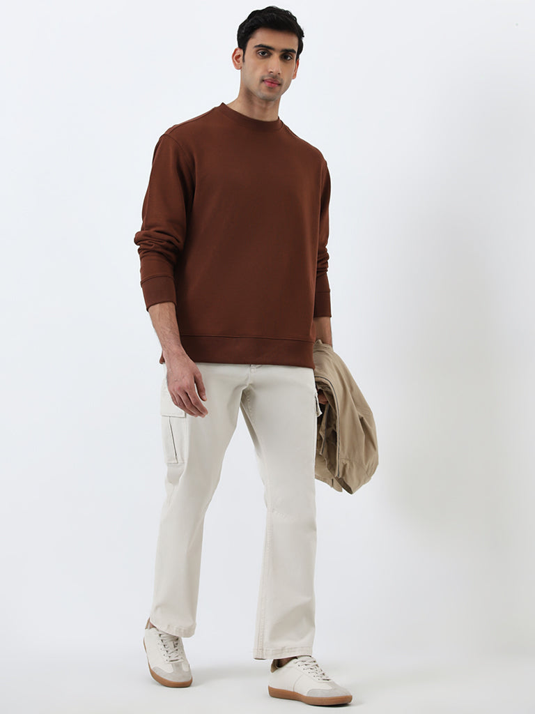 Westside WES Casuals Men's Brown Relaxed-Fit Cotton-Blend Sweatshirt for Casual Wear Full View