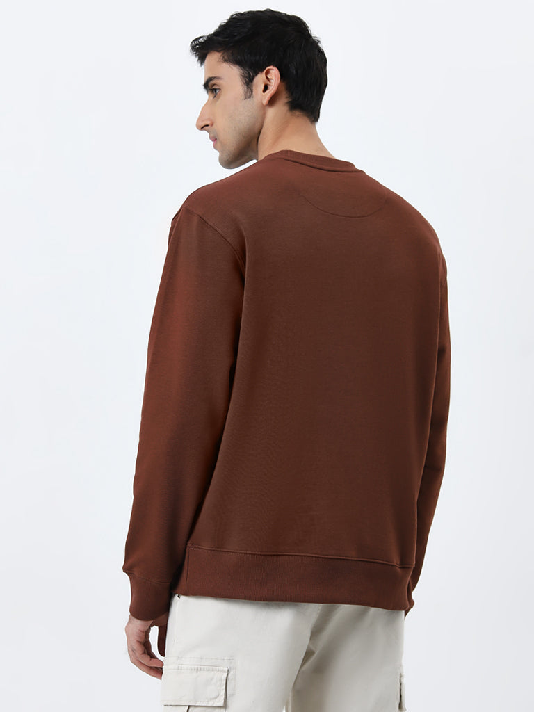 Westside WES Casuals Men's Brown Relaxed-Fit Cotton-Blend Sweatshirt for Casual Wear Back View