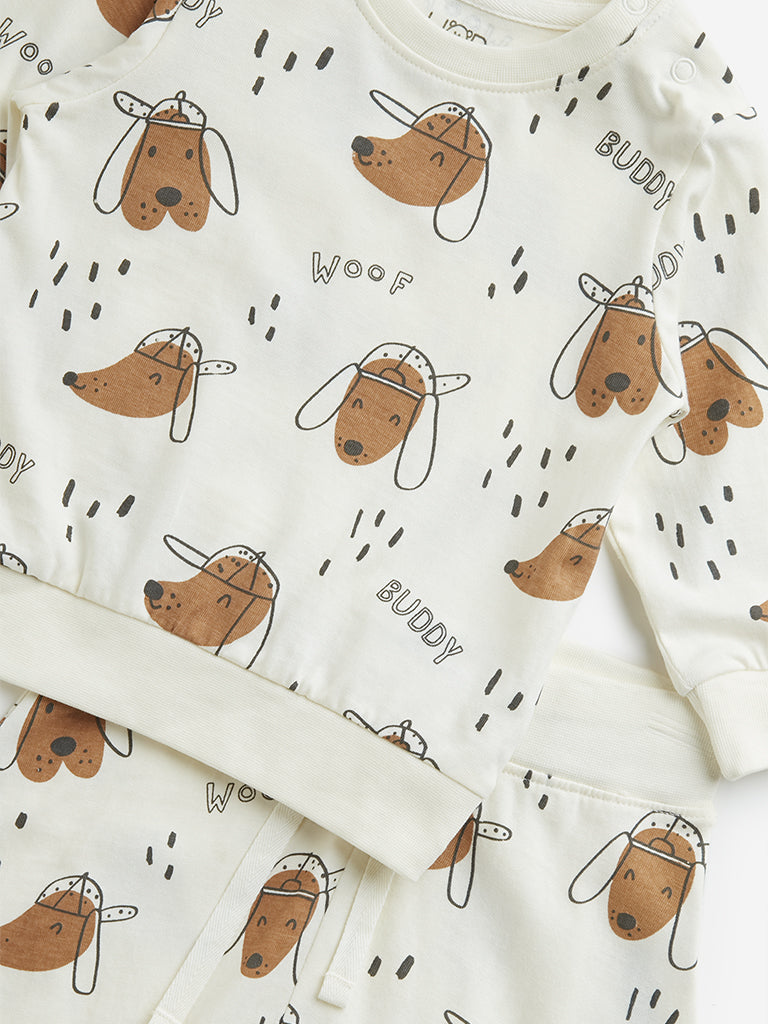 Westside HOP Baby Boy's Off-White Dog Printed Cotton T-Shirt with Joggers Set for Casual Wear Zoomed View