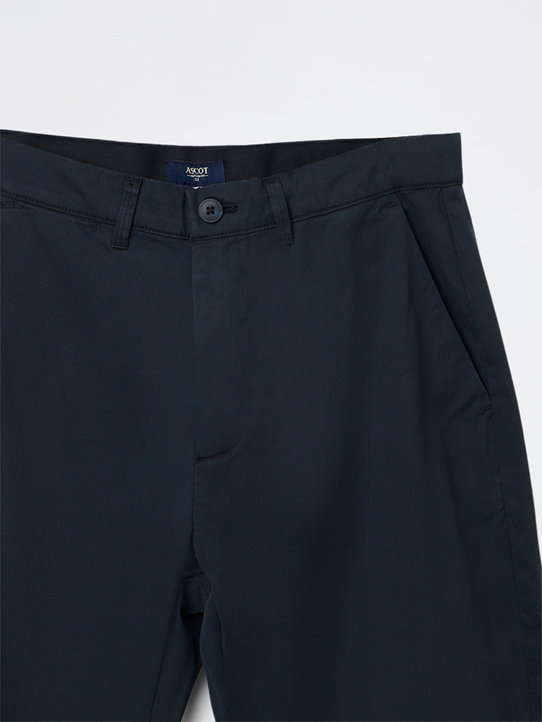 Ascot Navy Solid Relaxed-Fit Mid-Rise Cotton-Blend Chinos