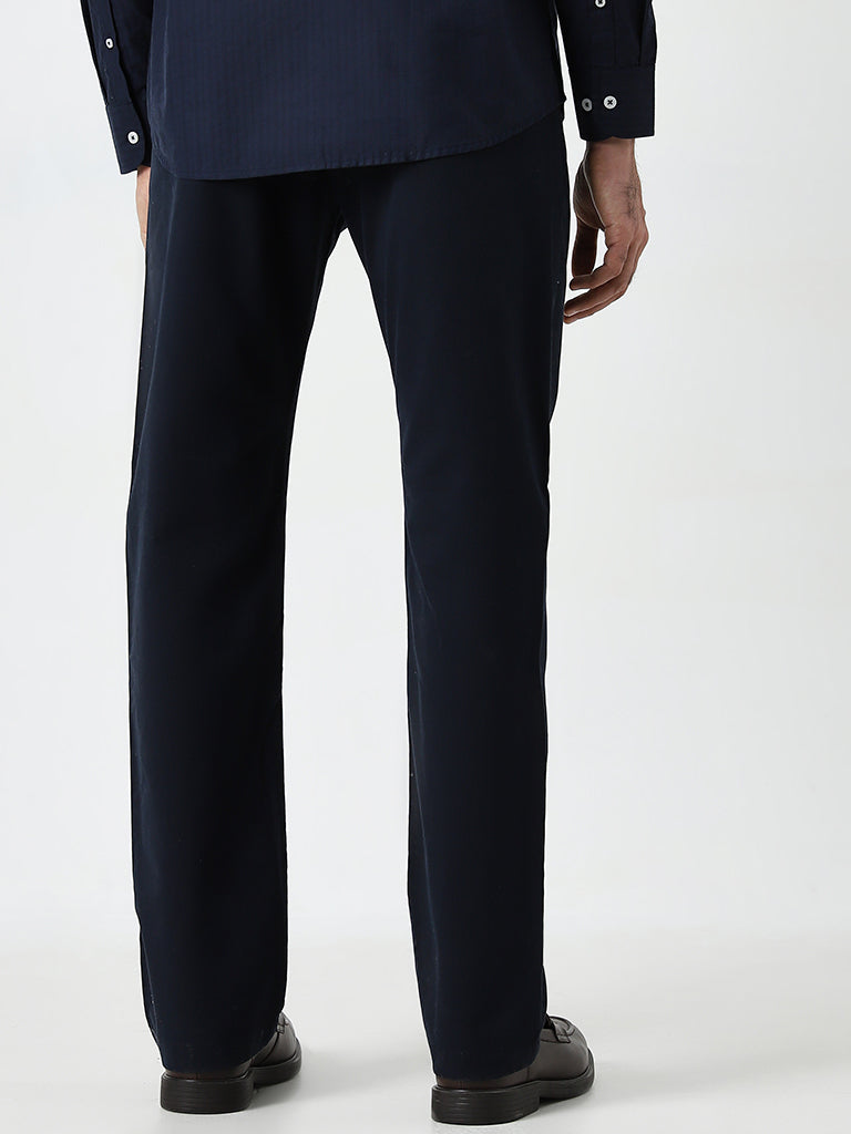 Westside Ascot Men's Navy Solid Relaxed-Fit Mid-Rise Cotton-Blend Chinos for Casual Wear Back View