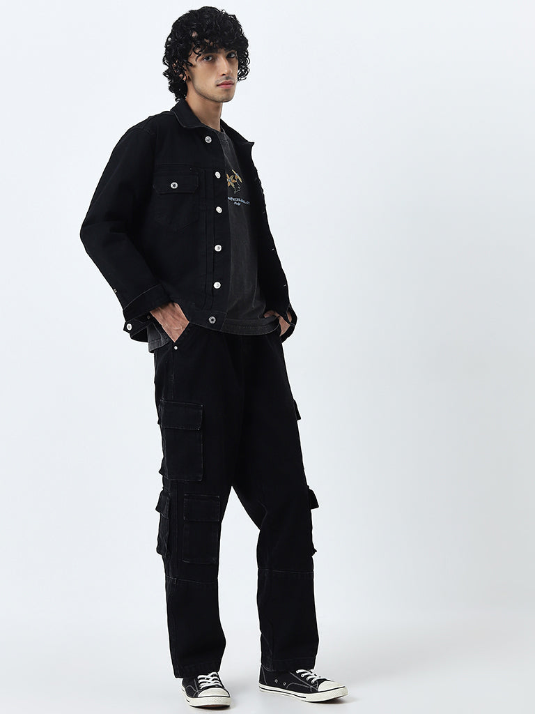 Buy Nuon Black Cargo-Style Relaxed-Fit Mid-Rise Jeans from Westside